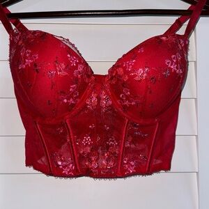 EUC Victoria’s Secret push-up corset. Red w/ silvery pink floral embroidery. 34D